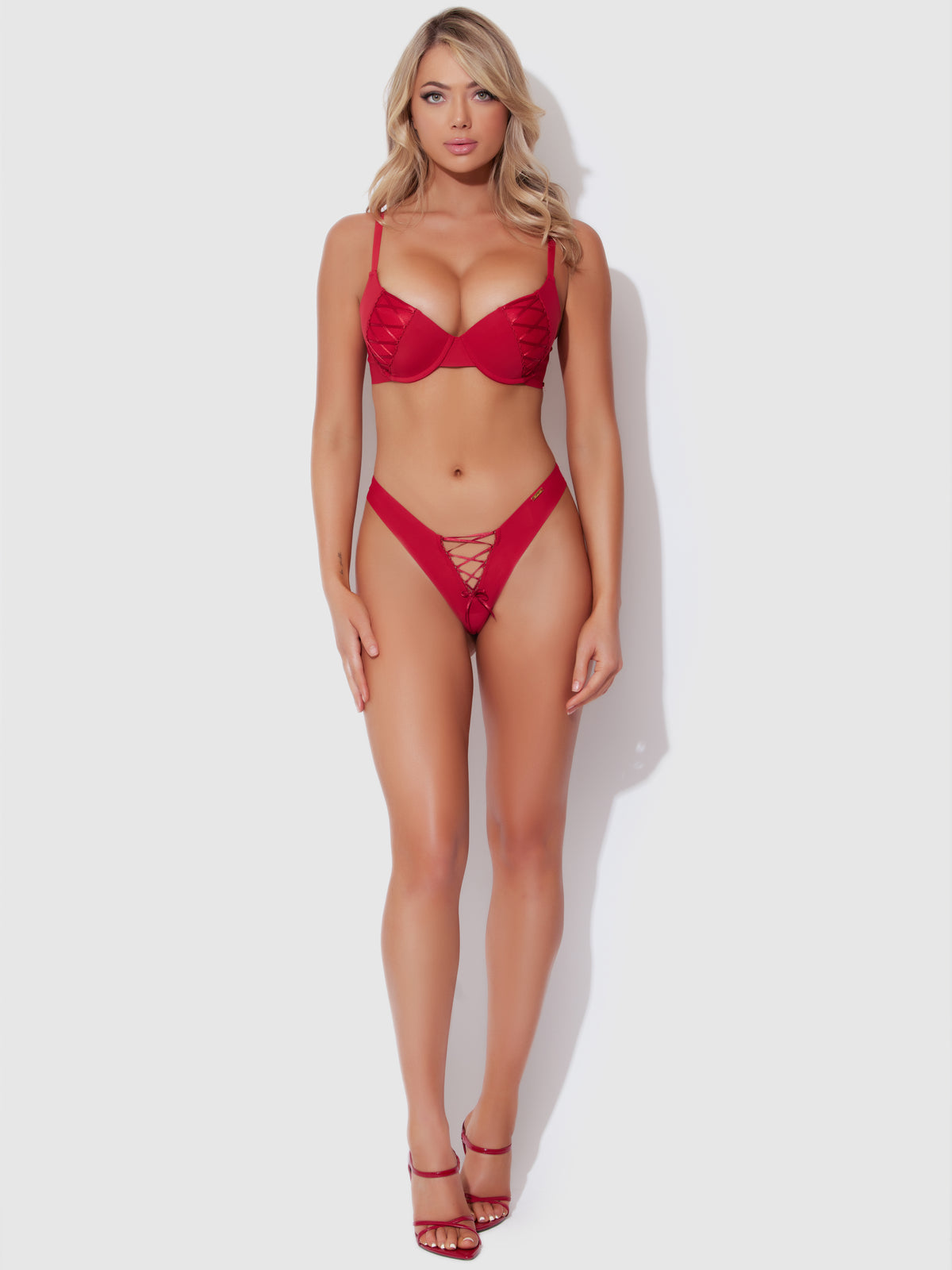 Microfiber Lace Up Front Thong - Haute Red