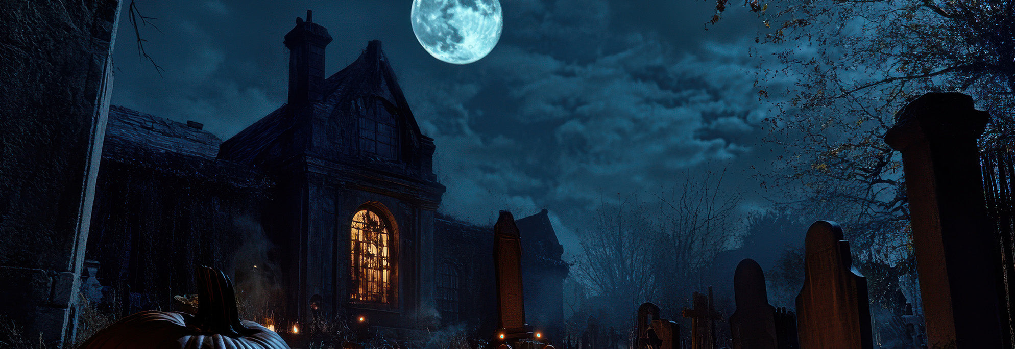 A full moon shines over a spooky graveyard and an old, dark building with a glowing window; pumpkins and gravestones are visible under a cloudy night sky.