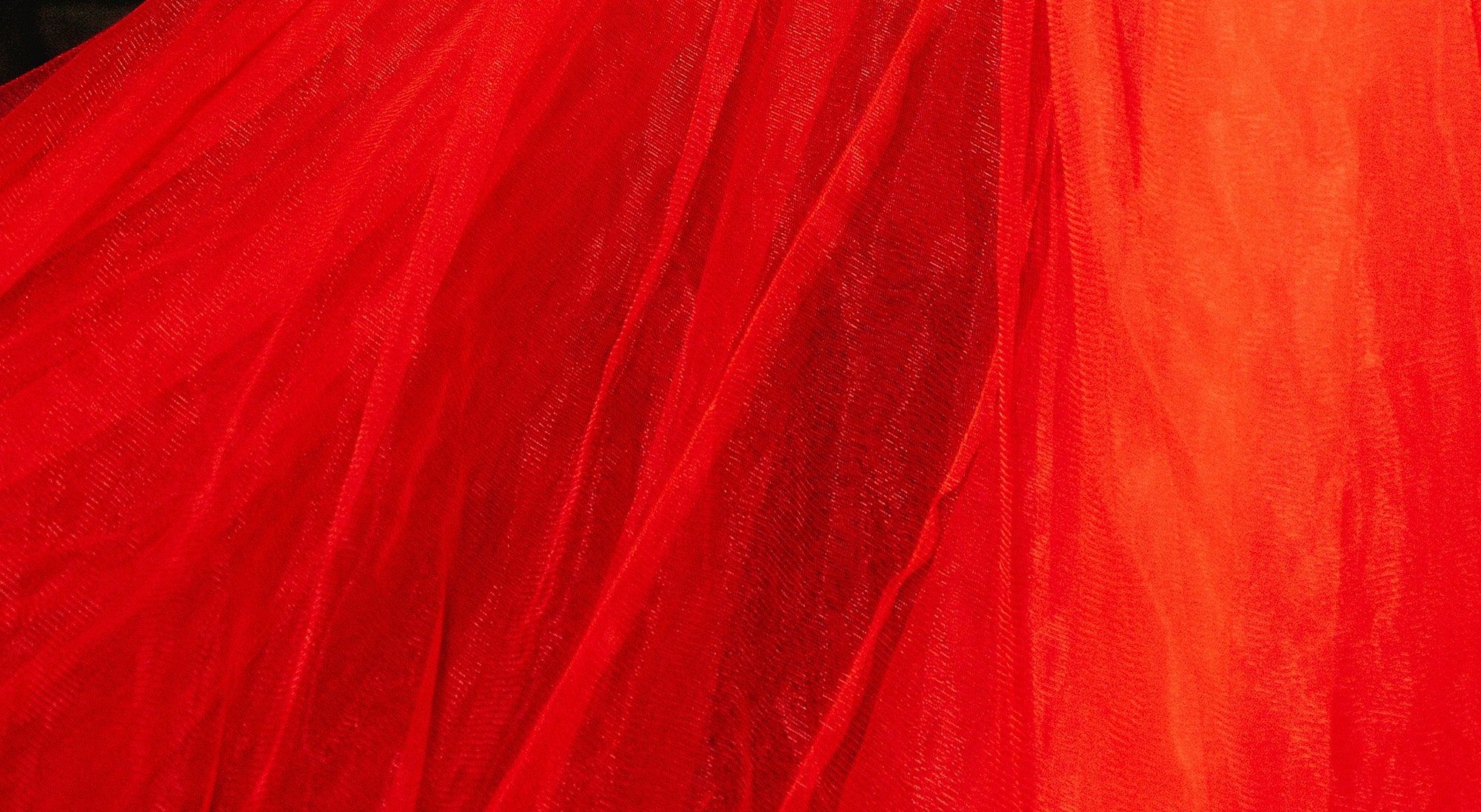 A close-up of bright red sheer mesh fabric with soft folds and a textured nettle-like pattern.