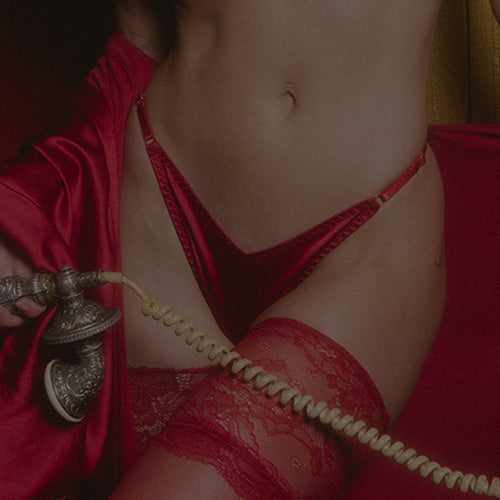 Closeup on woman with red underwear and sheer thigh high stockings