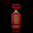 Red perfume bottle with 'Melrose' branding on a dark background with roses.