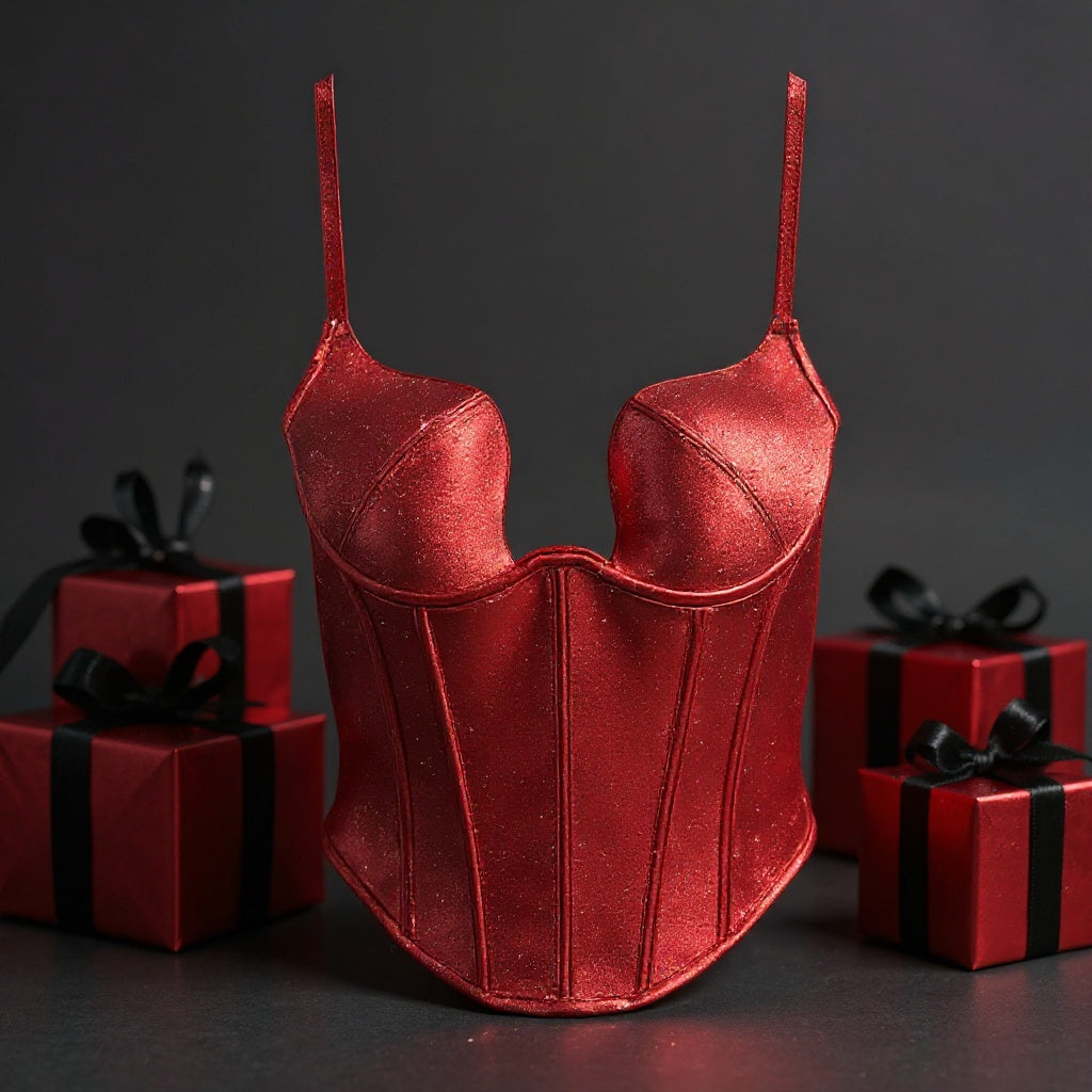 Red corset with gift boxes on a dark background