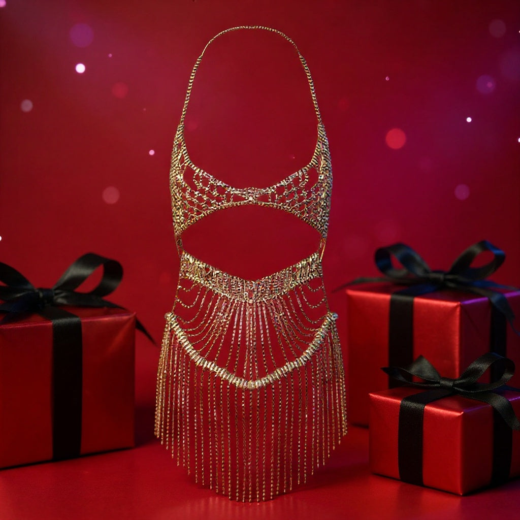 Rhinestone body chain chemise on red background with gift boxes