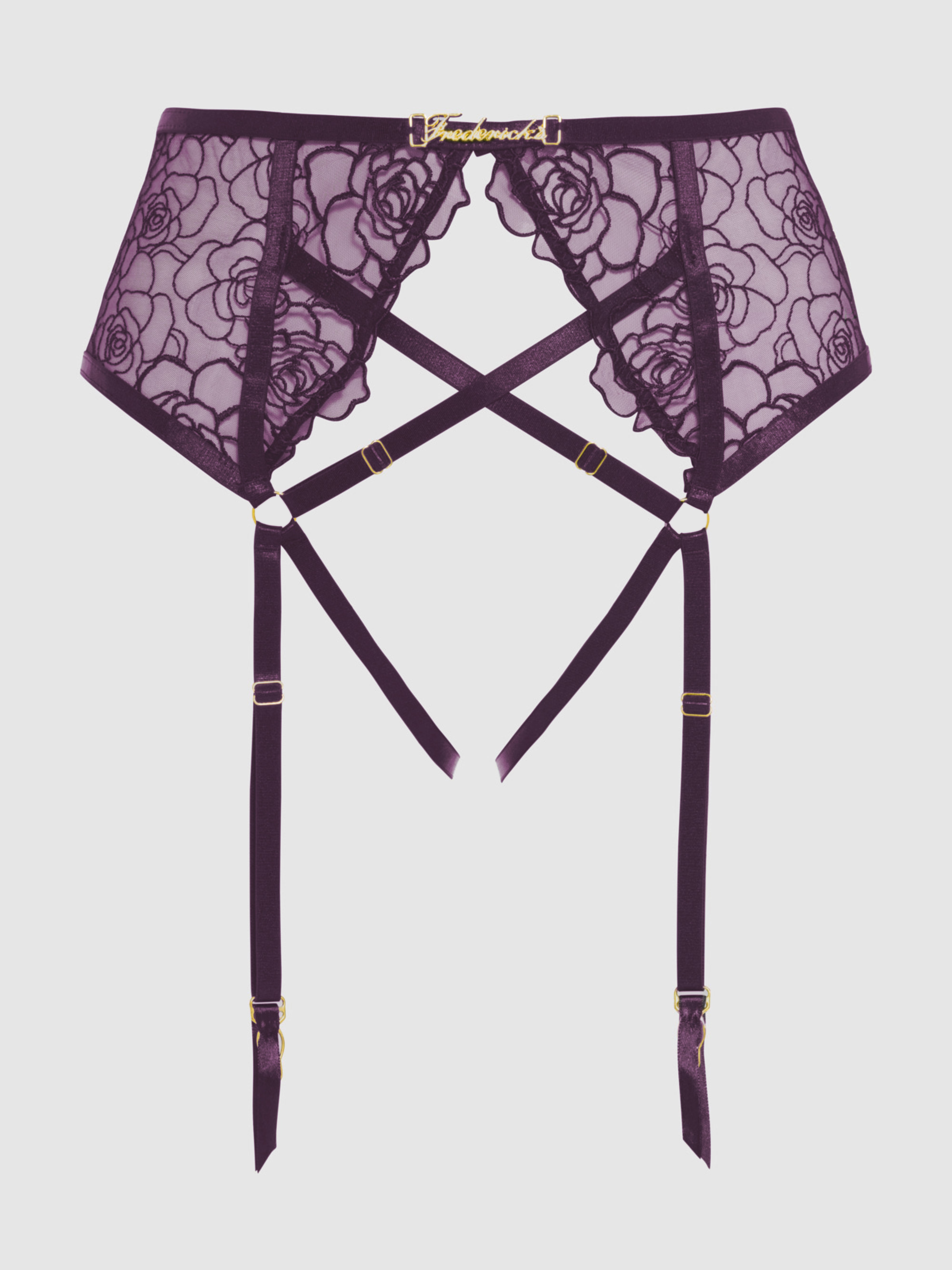 The Melrose Embroidered Garter by Frederick's of Hollywood features purple lace, floral rose embroidery, gold hardware, and adjustable garters—perfect for elegant lingerie wear.