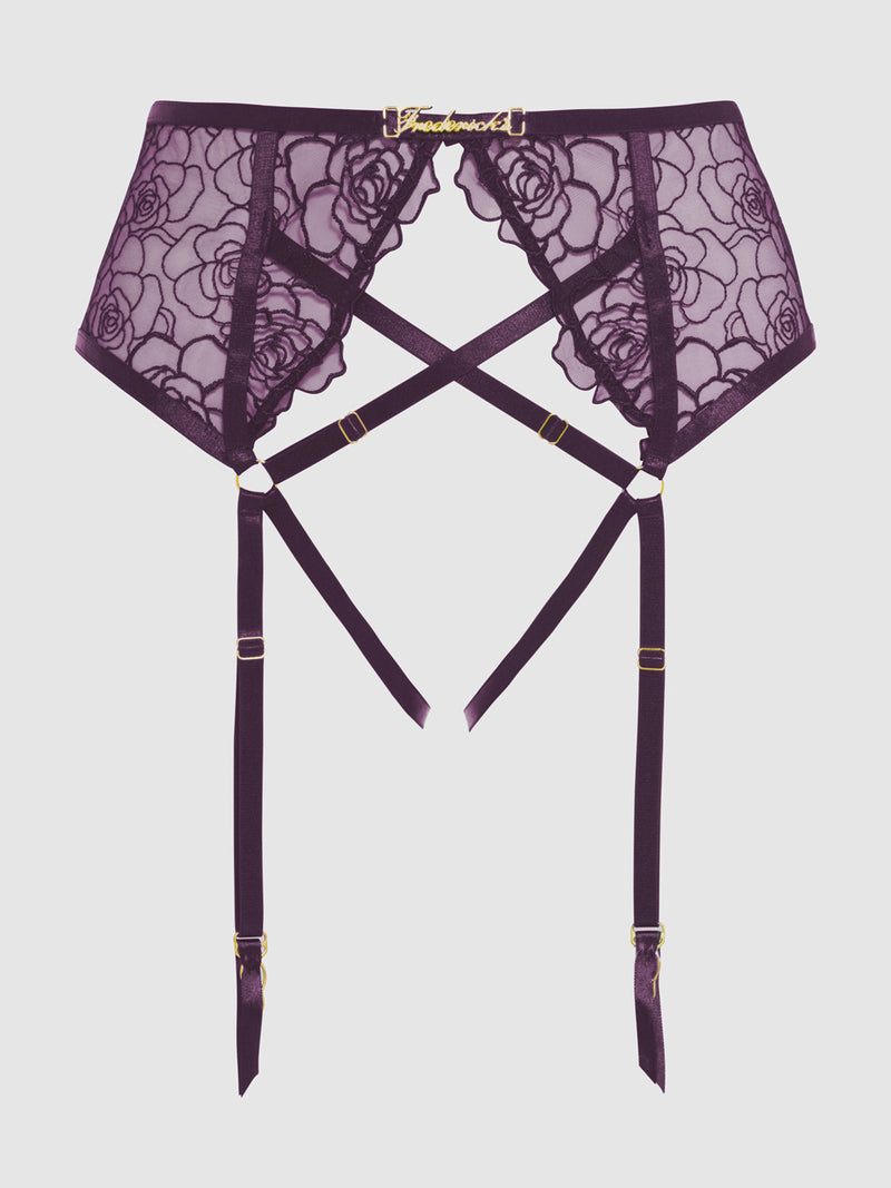 The Melrose Embroidered Garter by Frederick's of Hollywood features purple lace, floral rose embroidery, gold hardware, and adjustable garters—perfect for elegant lingerie wear.