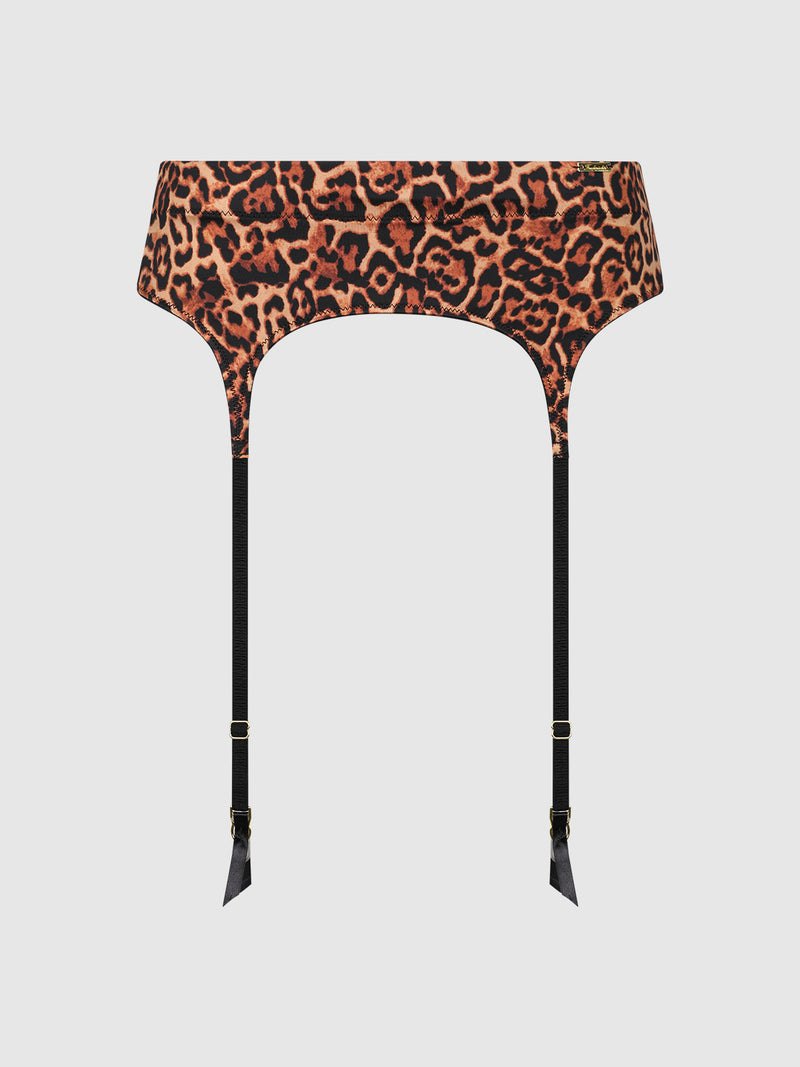 The Rising Star Liquid Satin Garter by Frederick's of Hollywood features a leopard print design with four black adjustable straps and gold-tone hardware, displayed against a plain white background.