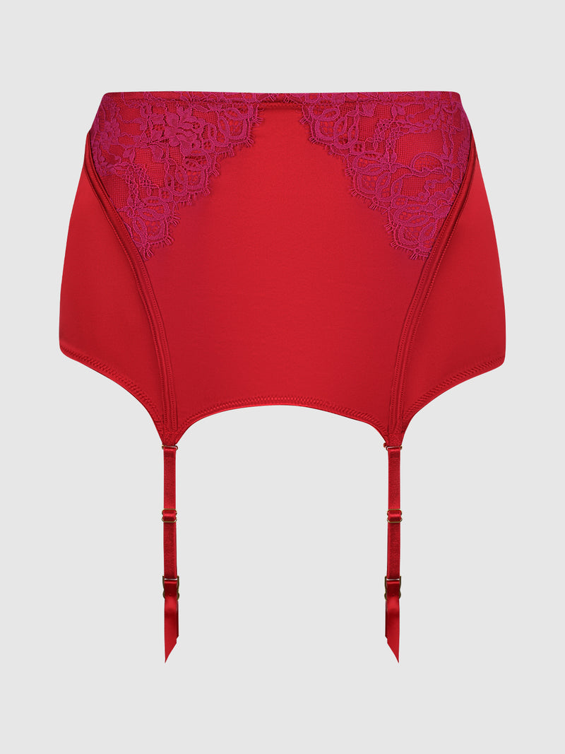 The Rosalind Lace & Satin Open Back Garter Skirt by Frederick's of Hollywood features red satin with floral lace on the top corners and adjustable hanging straps, shown against a plain white background.