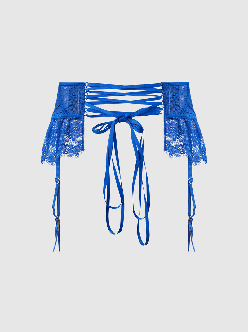 The Adelaide Satin & Lace Garter Belt by Frederick's of Hollywood features blue lace, satin ribbons, adjustable straps, flexible boning for a snatched look, and side lace detailing, shown against a light grey background.