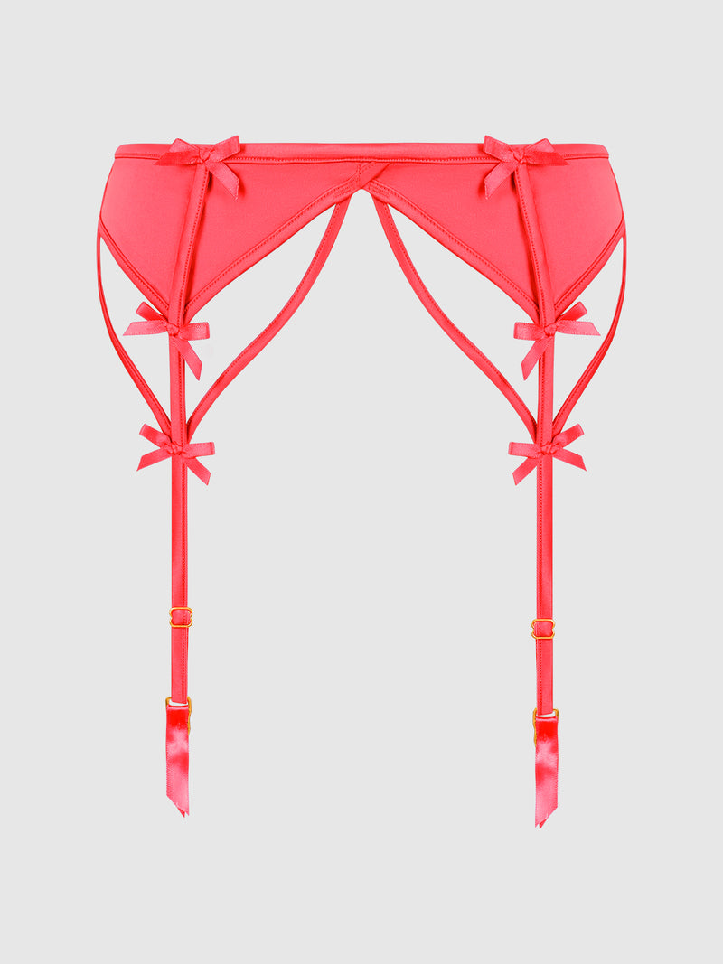 The Petra Satin & Mesh Garter Belt by Frederick’s of Hollywood features a vibrant red satin design with four straps and decorative bows, showcased against a simple light background.