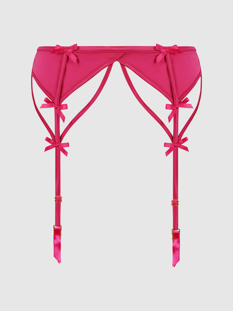 The Petra Satin & Mesh Garter Belt by Frederick's of Hollywood features decorative bows and adjustable satin straps, ideal for lingerie use, shown on a plain white background.
