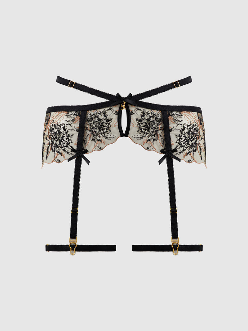 Delfina Embroidered Garter Belt With Thigh Garters - Frederick's of Hollywood