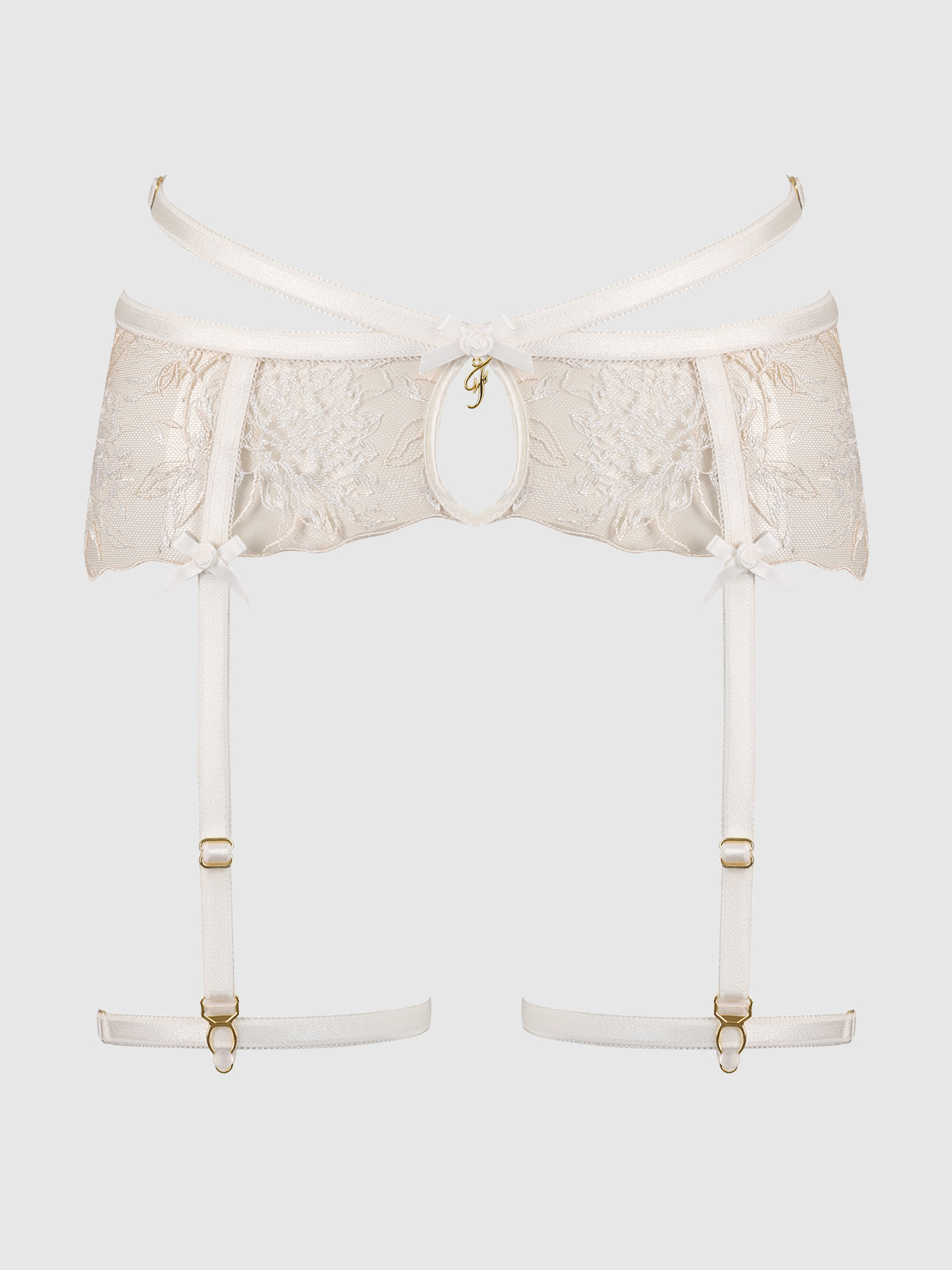 The Delfina Embroidered Garter Belt With Thigh Garters by Frederick's of Hollywood features floral lace embroidery, adjustable garters, gold hardware, and a central cutout, shown against a plain light background.