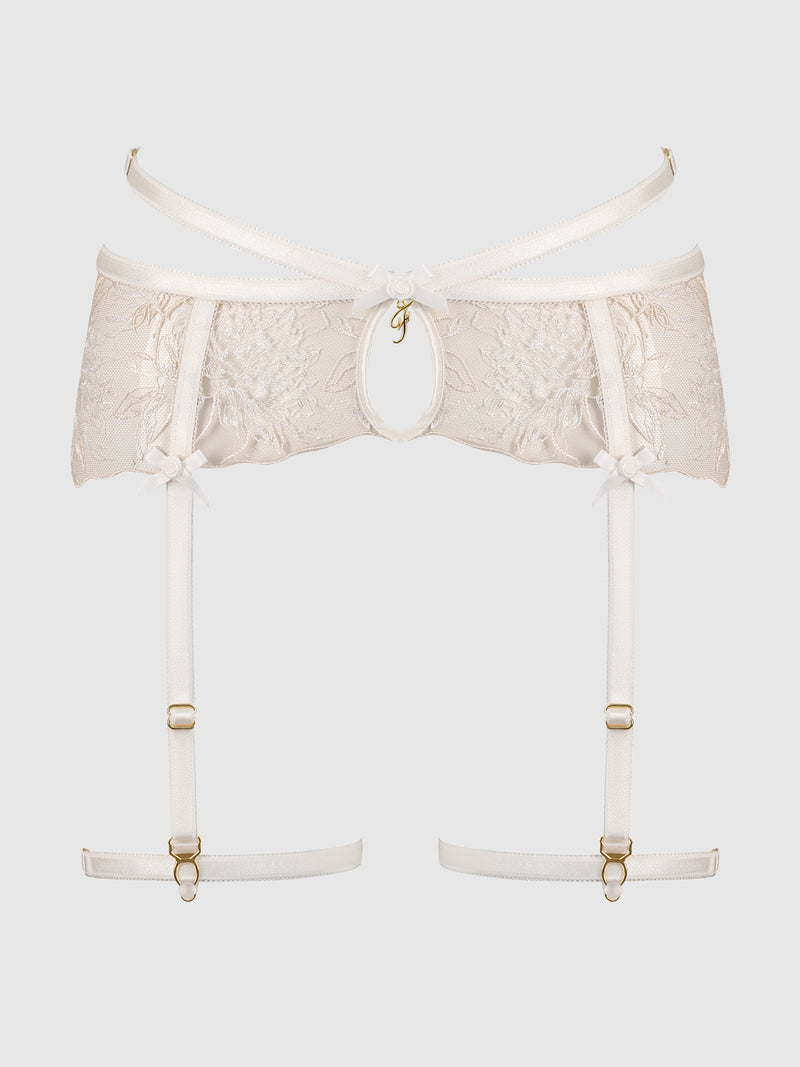The Delfina Embroidered Garter Belt With Thigh Garters by Frederick's of Hollywood features floral lace embroidery, adjustable garters, gold hardware, and a central cutout, shown against a plain light background.