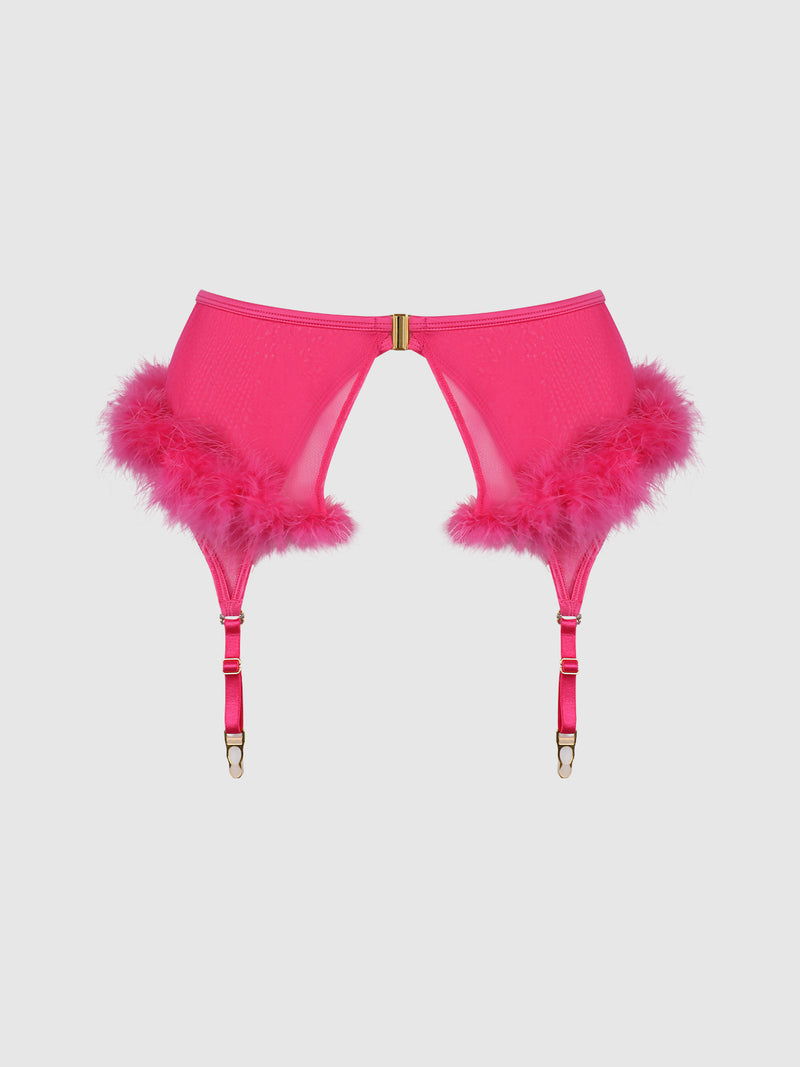The Scarlett Marabou & Mesh Garter Belt by Frederick's of Hollywood features hot pink mesh, marabou feather trim, adjustable straps, gold hardware, and a breakable clasp—shown against a plain white background.