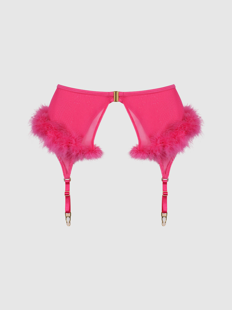 Hot pink sheer mesh Scarlett Marabou & Mesh Garter Belt by Frederick’s of Hollywood, trimmed with fluffy feathers and featuring two adjustable stocking straps.
