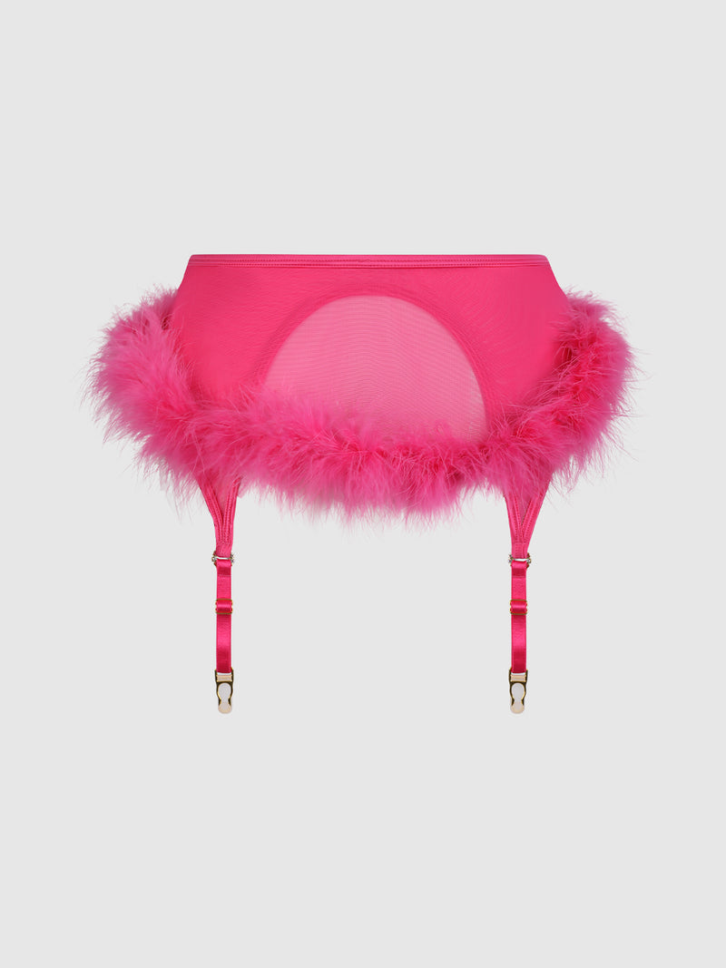 The Scarlett Marabou & Mesh Garter Belt by Frederick's of Hollywood features bright pink sheer mesh, fluffy feather trim, and adjustable garter straps with gold-tone clips, shown against a plain white background.