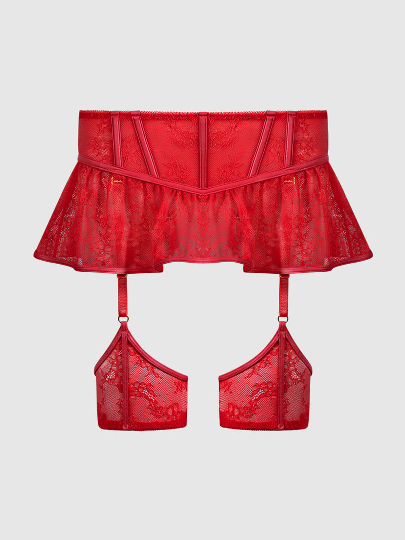 Chiara Lace & Faux Leather Skirted & Thigh Gartered Belt in red lace, featuring a flared skirt overlay, supportive boning, and two thigh garter straps.