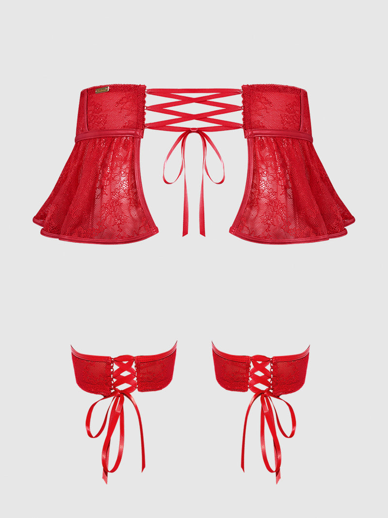 Chiara Lace & Faux Leather Skirted & Thigh Gartered Belt in red featuring a back corset-style tie, supportive boning, and matching lace-up thigh garters.