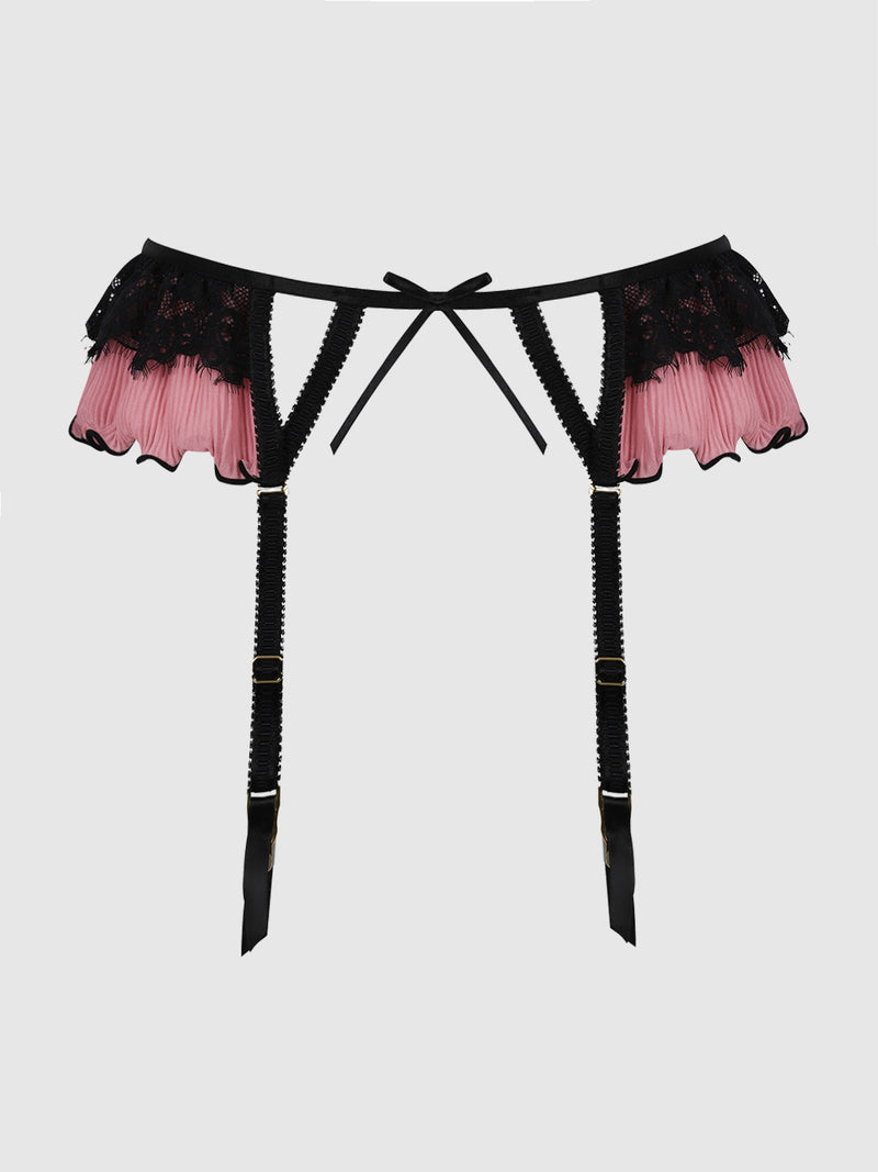 The Esme Lace & Pleated Chiffon Garter Belt by Frederick’s of Hollywood is showcased on a plain white background, featuring black lace trim, pleated pink chiffon fabric, ribbon detailing, and adjustable straps.