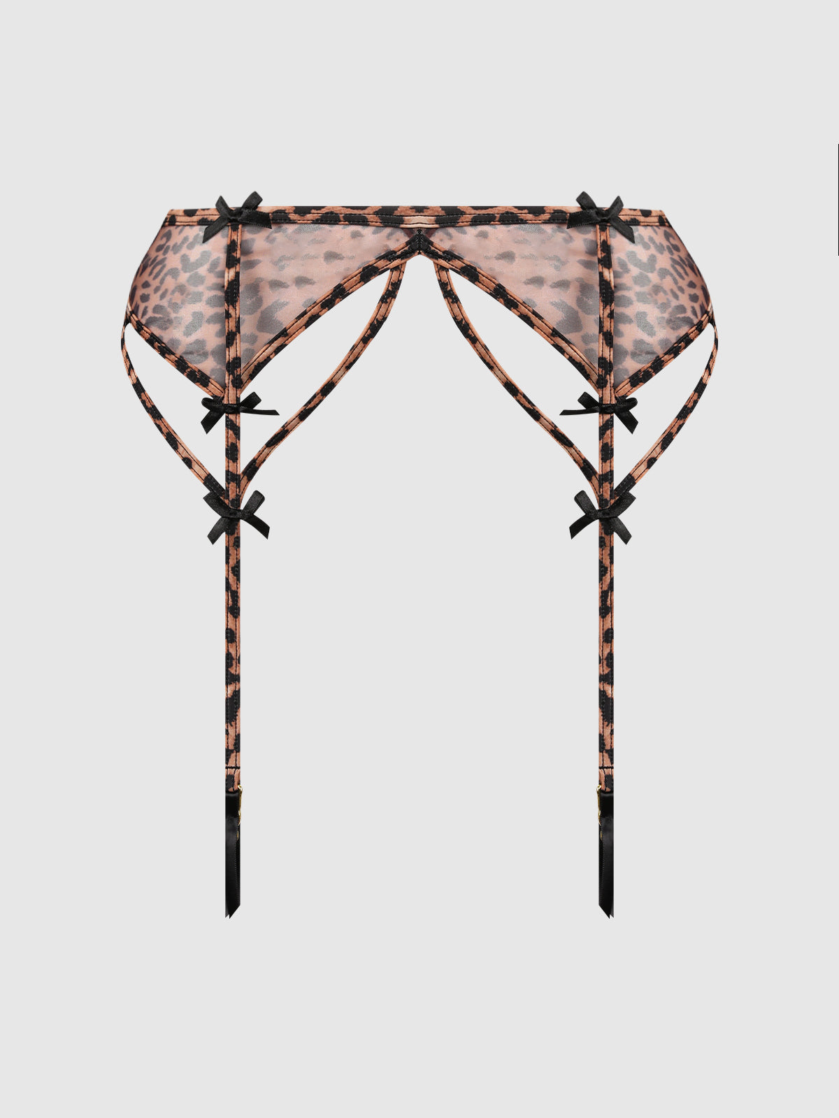 The Kaia Leopard Mesh Garter Belt by Frederick's of Hollywood features a sheer leopard print with black ribbon details and stocking straps, shown against a plain light gray background.