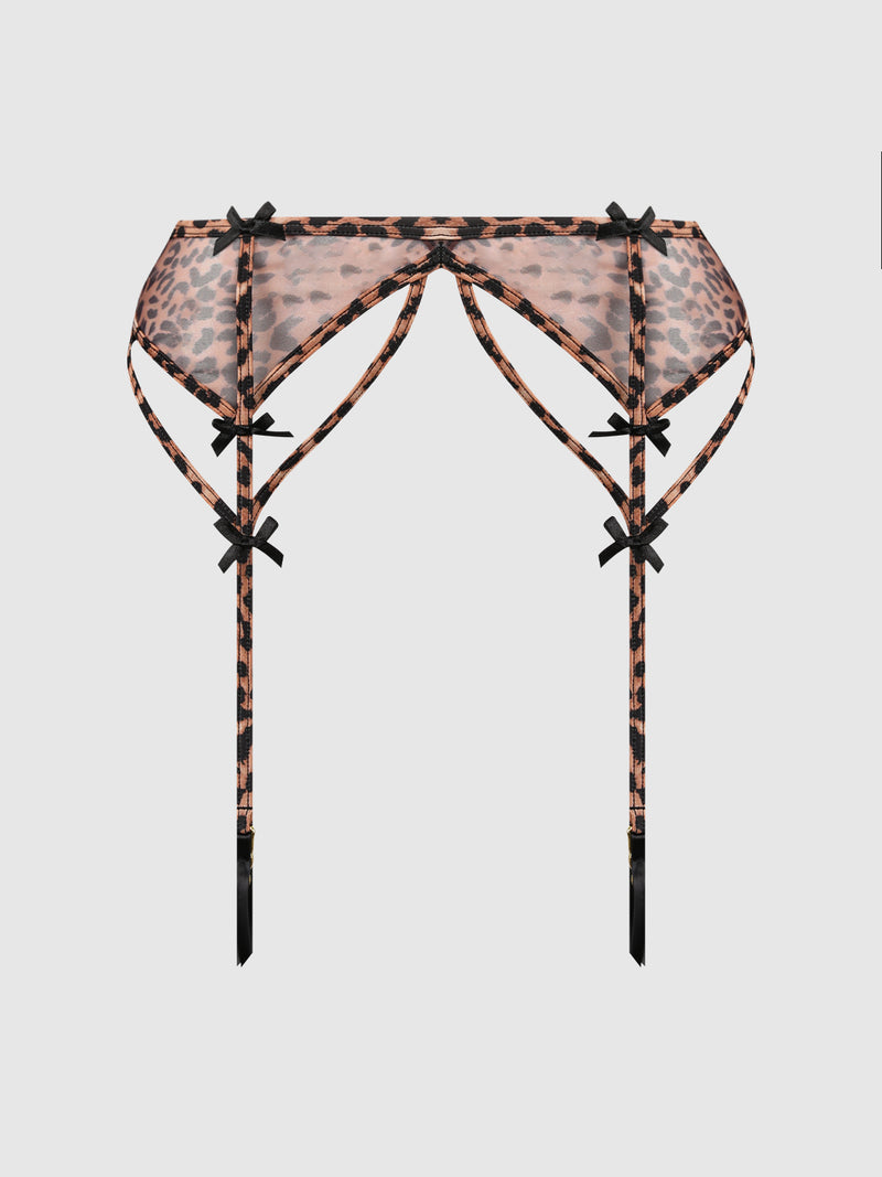 The Kaia Leopard Mesh Garter Belt by Frederick's of Hollywood features a sheer leopard print with black ribbon details and stocking straps, shown against a plain light gray background.