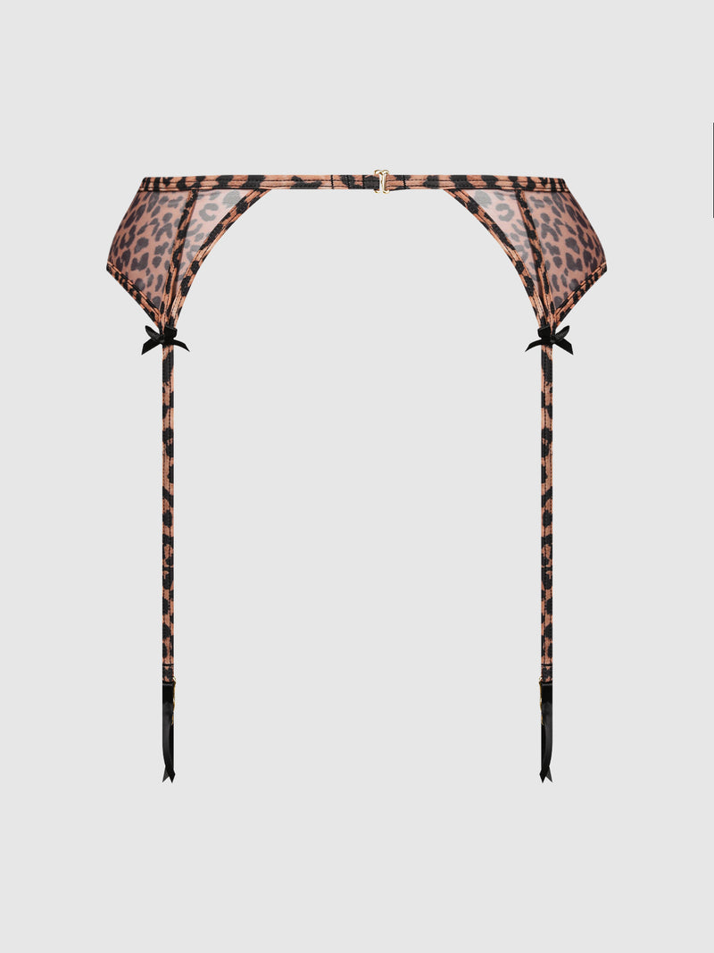The Kaia Leopard Mesh Garter Belt by Frederick's of Hollywood features black adjustable straps and small black bows, showcased against a plain light background.