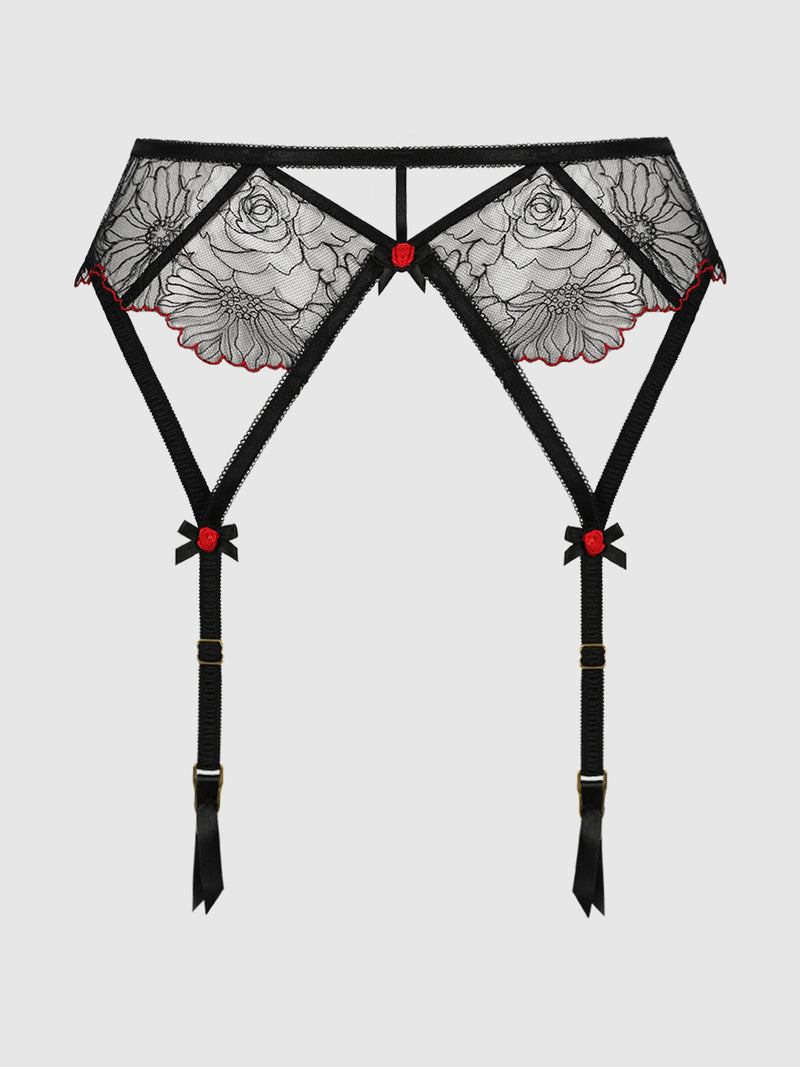 Ilaria Embroidered Tulle Garter Belt by Frederick’s of Hollywood in black tulle with delicate floral embroidery, red scalloped edges, and small red rose accents.