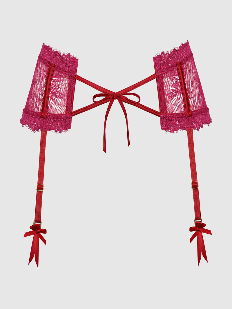 The Rosalind Garter by Frederick's of Hollywood features sheer panels, red satin bow ties, and adjustable garters adorned with small red bows at each end. Displayed on a white background, this vibrant red lace garter belt is a stunning addition to any women’s lingerie collection.
