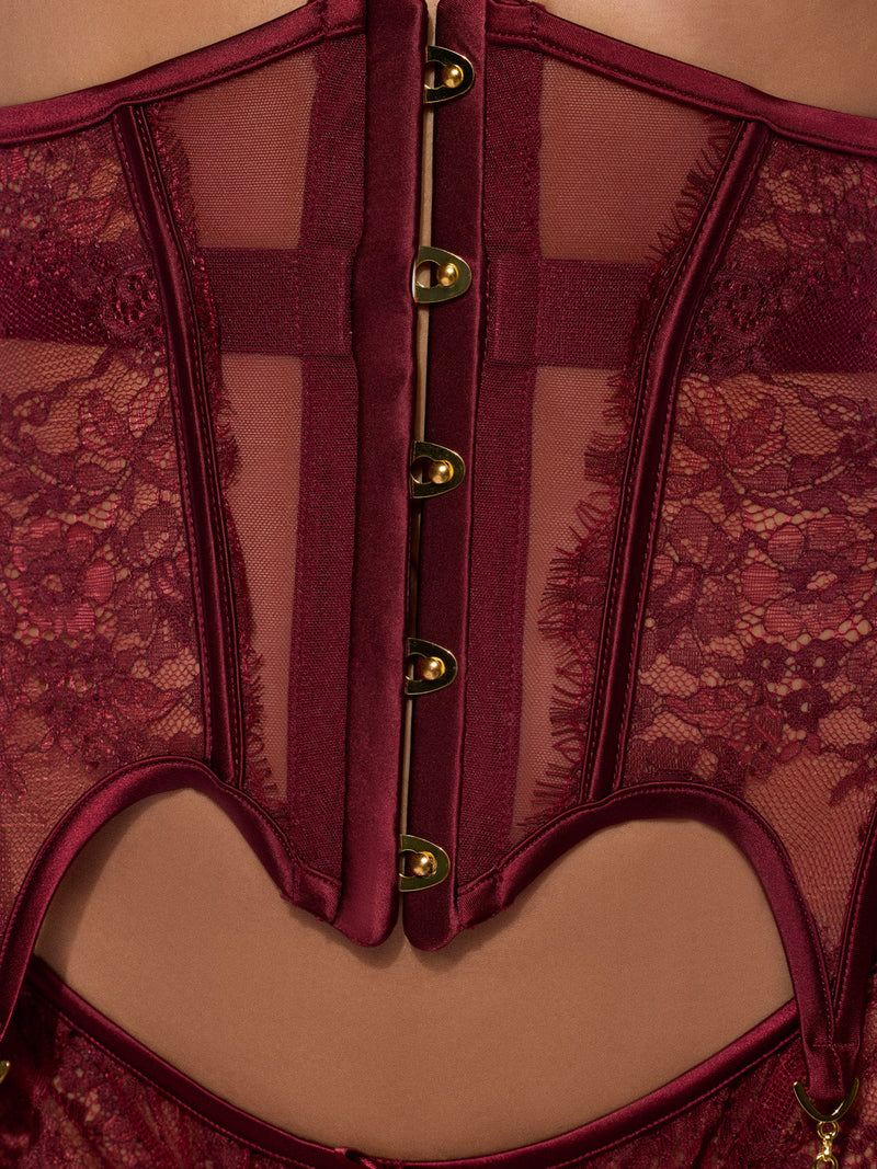 Lilith Lace & Mesh Waist Garter in burgundy with gold metal front closures.