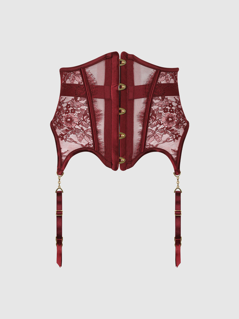 Lilith Lace & Mesh Waist Garter in deep red, featuring lace side panels, a mesh center, front hook-and-eye closures, and two adjustable stocking straps.