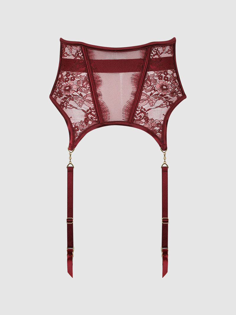 Deep red Lilith Lace & Mesh Waist Garter featuring lace panels and two adjustable garter straps with gold-tone hardware.