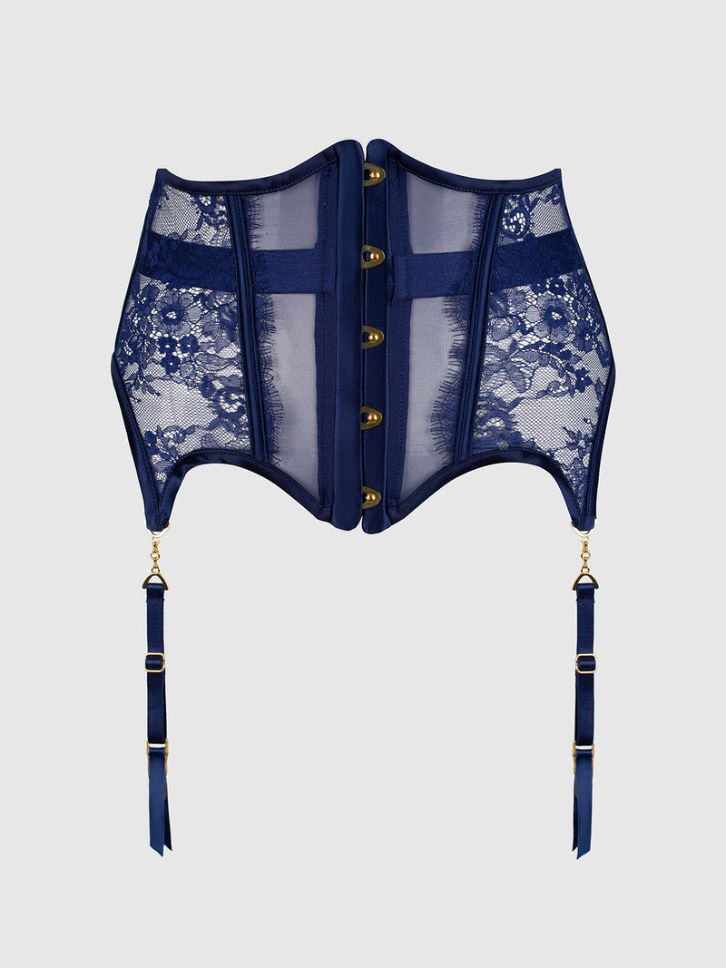 Frederick’s of Hollywood Lilith Lace & Mesh Waist Garter in navy blue, featuring a front hook-and-eye closure and four adjustable stocking straps with gold-tone hardware.