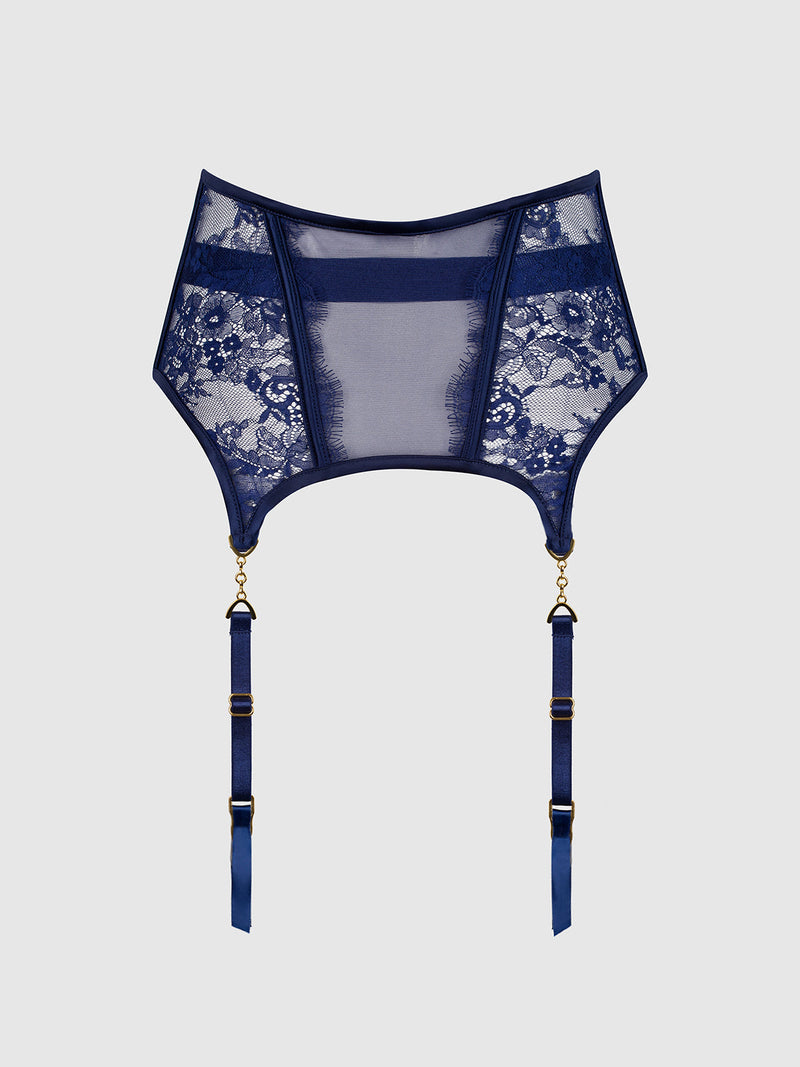 Frederick’s of Hollywood Lilith Lace & Mesh Waist Garter in navy blue, featuring mesh and lace detailing with two adjustable garter straps attached by gold-tone hardware.