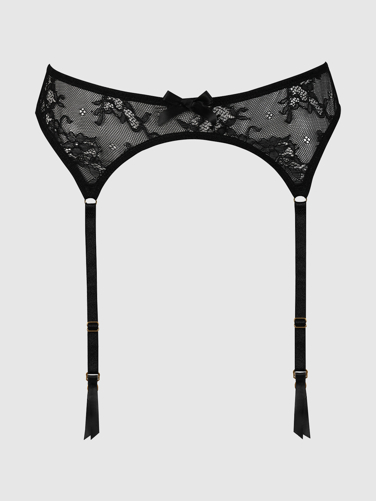 The Pia Lace Garter Belt by Frederick's of Hollywood features floral patterns, adjustable straps, and black bows, shown against a plain light gray background.