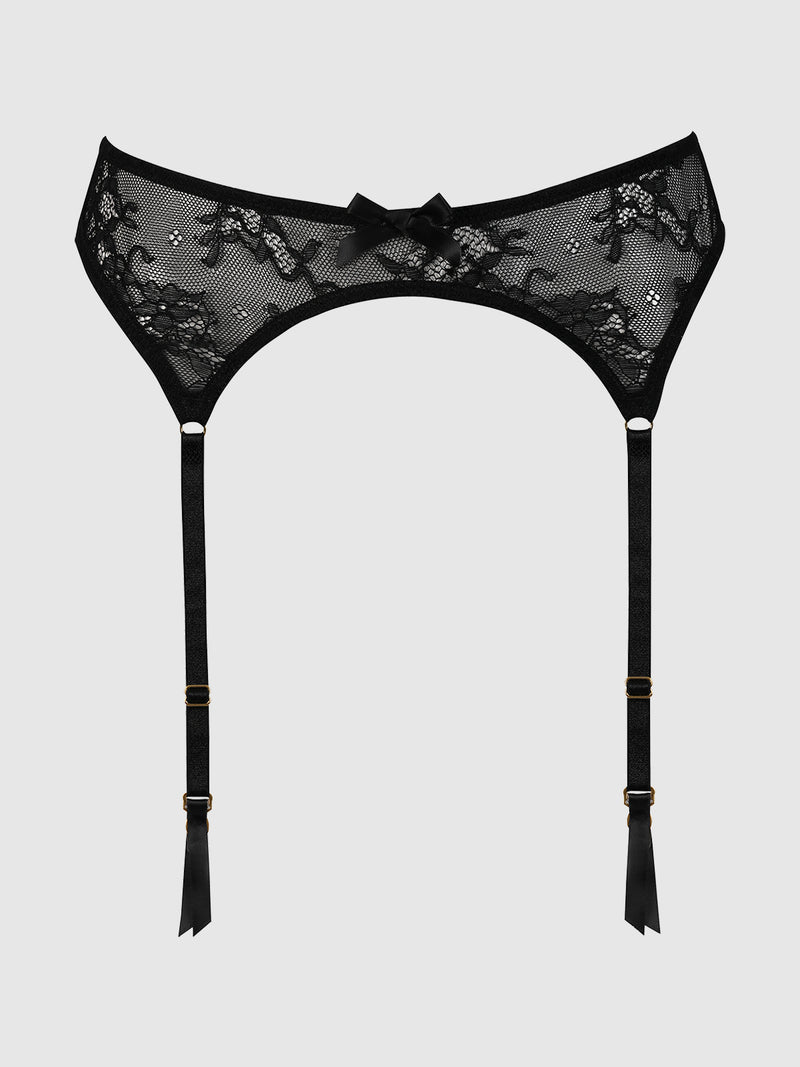 The Pia Lace Garter Belt by Frederick's of Hollywood features black floral lace, adjustable garters, and a center bow. This elegant lingerie piece is shown against a plain light gray background.