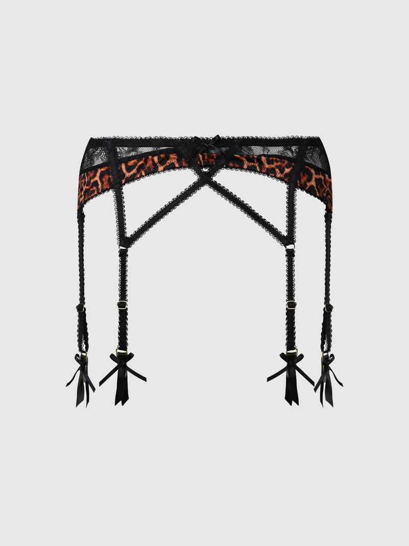 The Raven Leopard And Lace Garter by Frederick's of Hollywood features black lace with leopard print accents and four attached garter straps, each finished with small black satin bows.