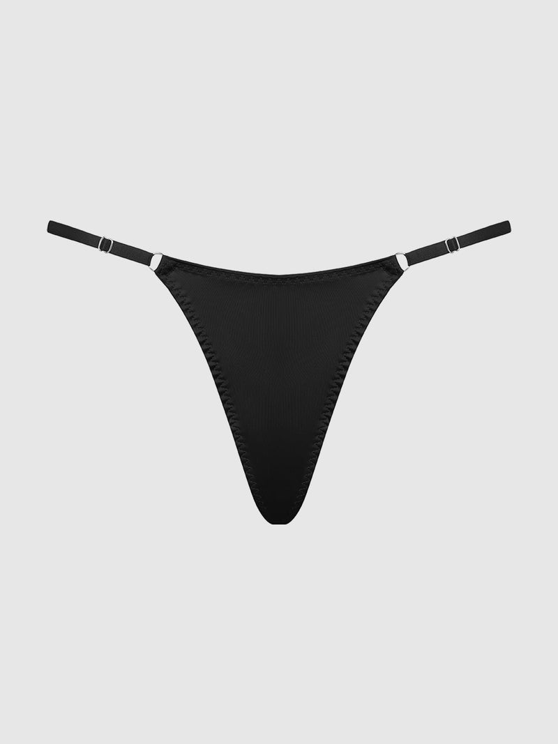 The Frederick's of Hollywood Rising Star Rhinestone Net Back G-String is a black, ultra-sleek thong with thin, adjustable side straps and minimal front coverage, shown against a plain light gray background.