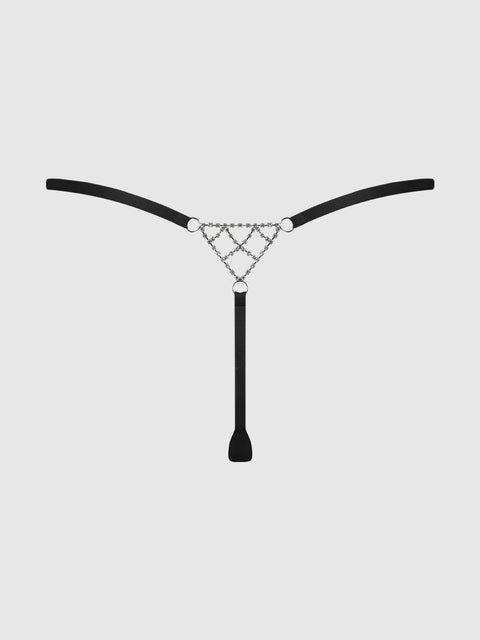 The Rising Star Rhinestone Net Back G-String by Frederick's of Hollywood features sleek black elastic straps, silver chain details, a leather-like patch, and sparkling rhinestones, all displayed on a plain light gray background.