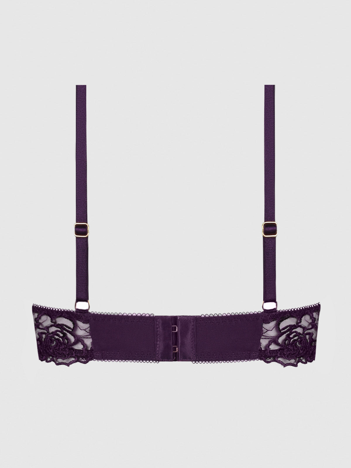 The Melrose Strappy Cutout Bra by Frederick's of Hollywood features a back view in purple with adjustable straps, mesh panels, and floral lace embroidery on both sides, set against a plain light gray background.