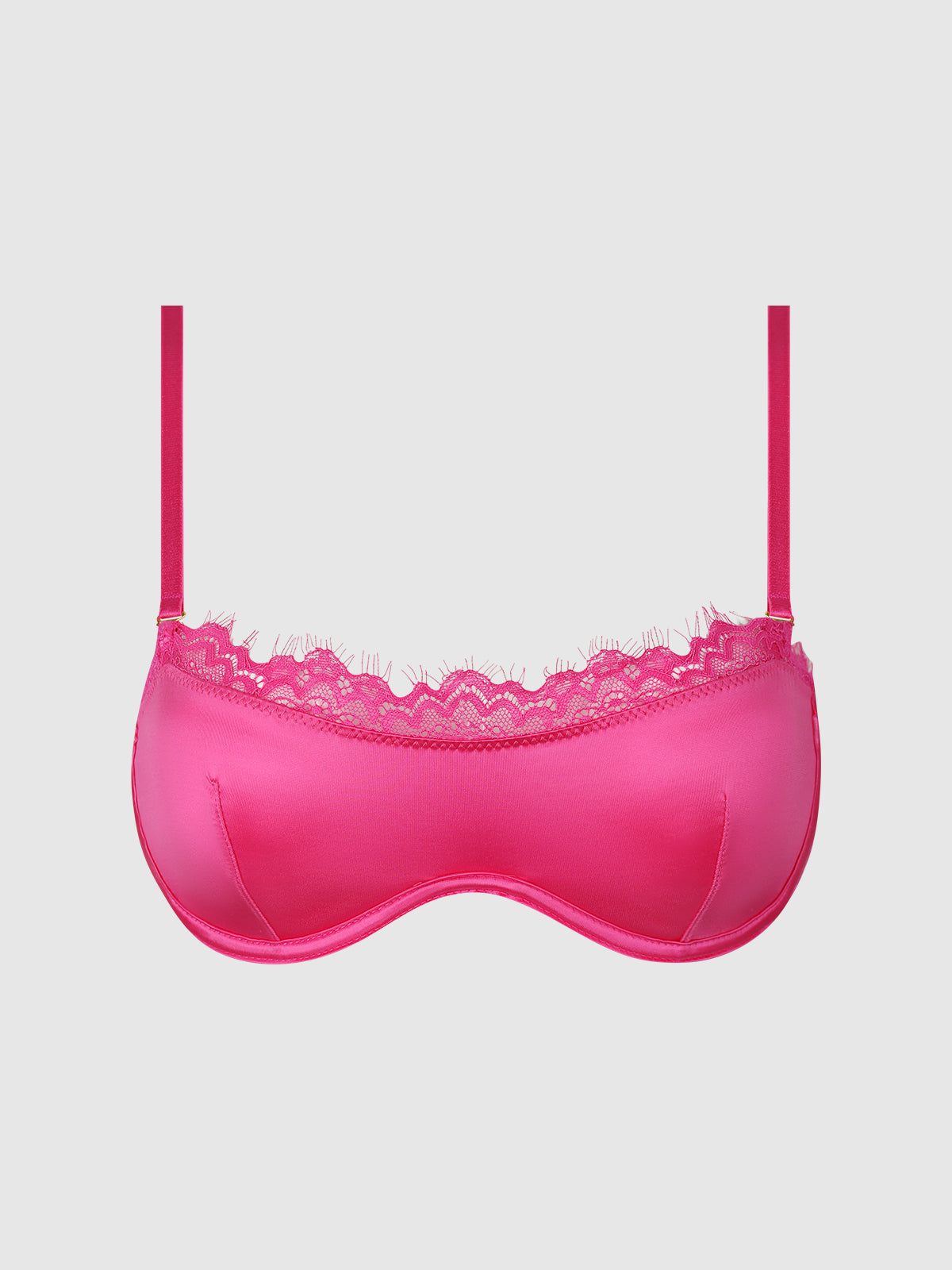 The Neev Lace & Oilslick Push Up Half Up Bandeau Bra by Frederick's of Hollywood features bright pink lace, thin straps, underwire cups, and a delicate lace trim along the top edge, shown against a plain light background.