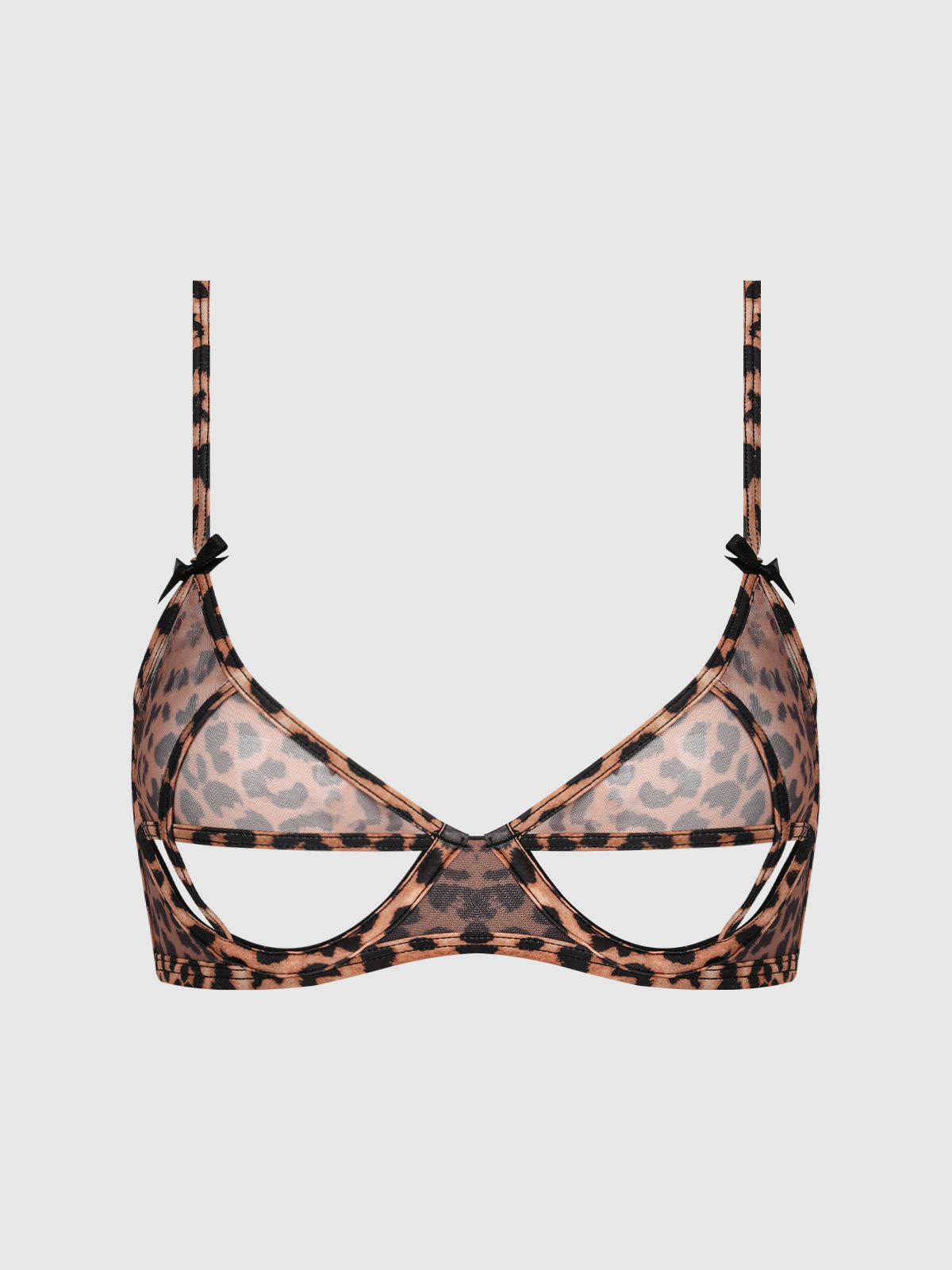 The Kaia Leopard Mesh Underwire Open Underbust Bra by Frederick's of Hollywood features sheer leopard print mesh, cutout detailing, thin adjustable straps, and black ribbon bows. Displayed on a plain white background.