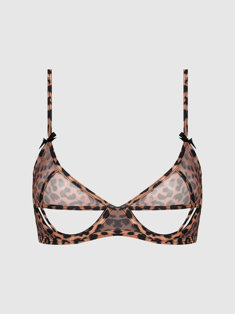 The Kaia Leopard Mesh Underwire Open Underbust Bra by Frederick's of Hollywood features sheer leopard print mesh, cutout detailing, thin adjustable straps, and black ribbon bows. Displayed on a plain white background.