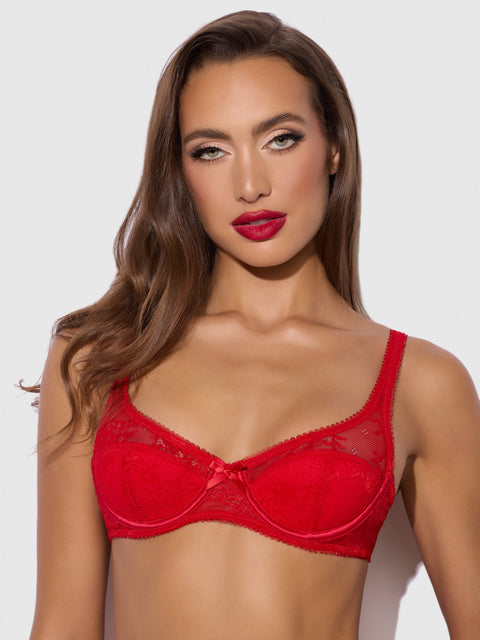 A woman with long brown hair wears the Frederick’s of Hollywood Marilyn Monroe Lace & Satin Demi Bra and bold red lipstick, looking directly at the camera against a plain white background.