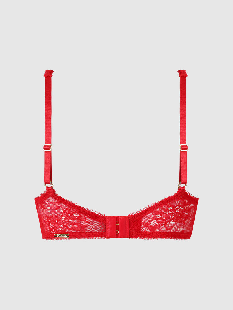 The Marilyn Monroe Lace & Satin Demi Bra by Frederick’s of Hollywood is shown on a plain light gray background; it features red floral lace, adjustable straps with gold hardware, and a decorative band beneath the cups.