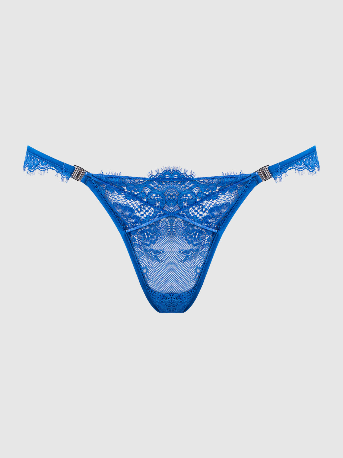 The Adelaide Satin & Lace Side Clasp Bikini by Frederick's of Hollywood features intricate floral lace, adjustable side straps, and delicate mesh accents, shown against a plain light background.
