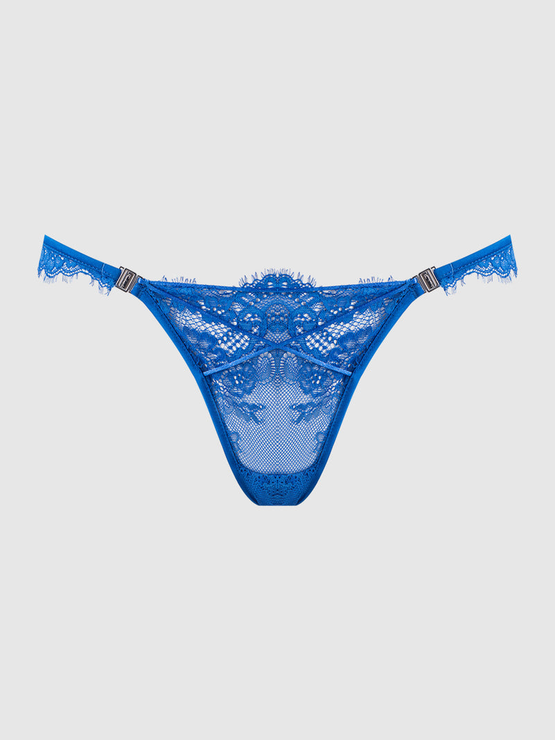 The Adelaide Satin & Lace Side Clasp Bikini by Frederick's of Hollywood features intricate floral lace, adjustable side straps, and delicate mesh accents, shown against a plain light background.