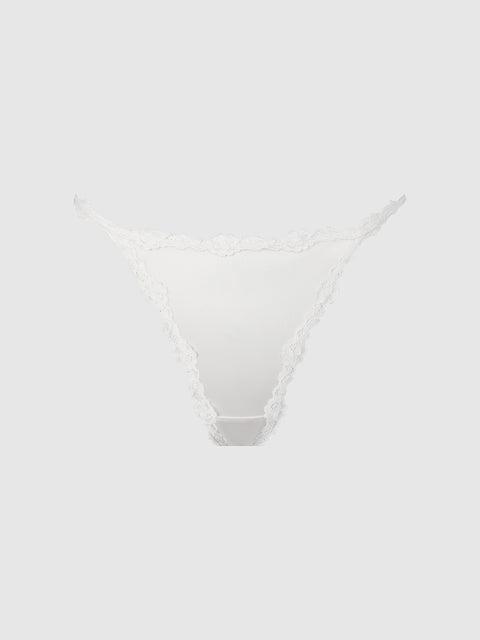 The Marlena Satin & Lace String Bikini by Frederick’s of Hollywood, featuring delicate floral trim, is displayed on a plain light gray background.