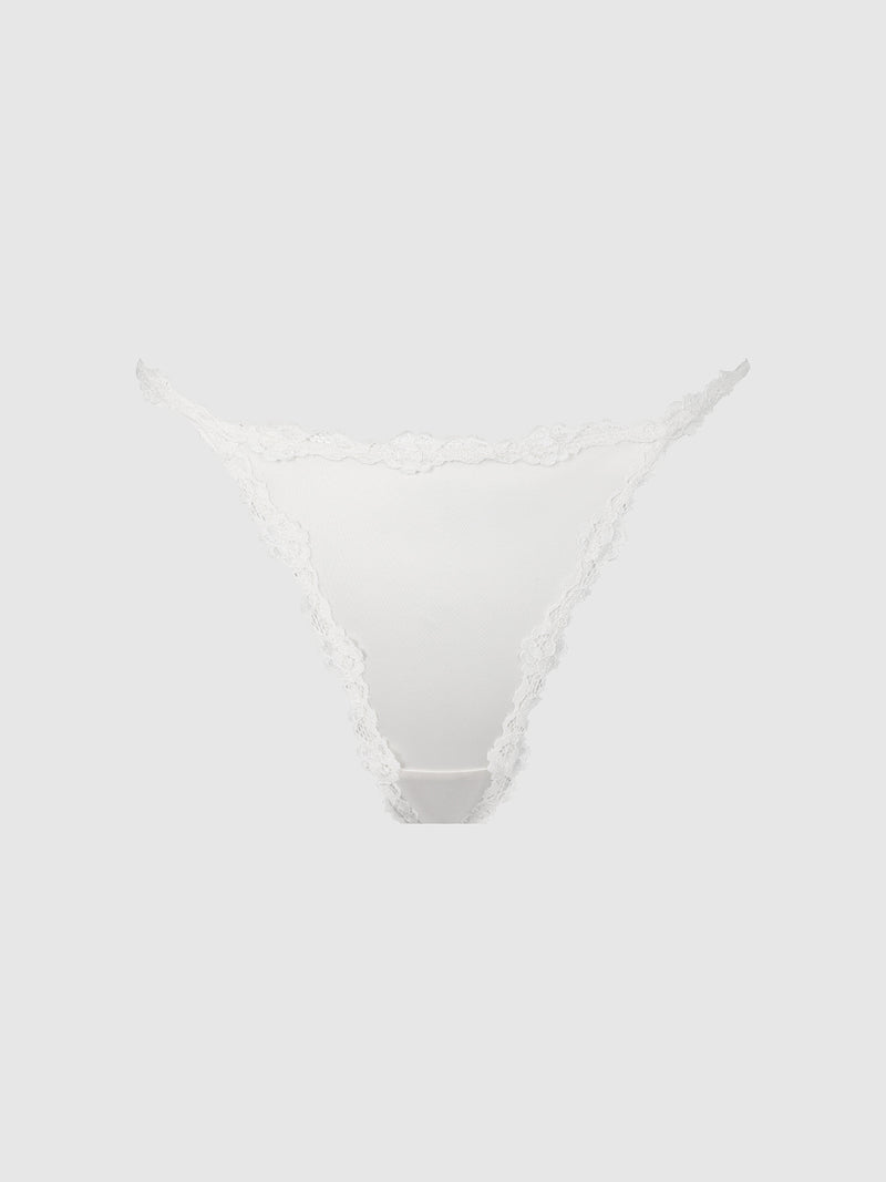 The Marlena Satin & Lace String Bikini by Frederick’s of Hollywood, featuring delicate floral trim, is displayed on a plain light gray background.