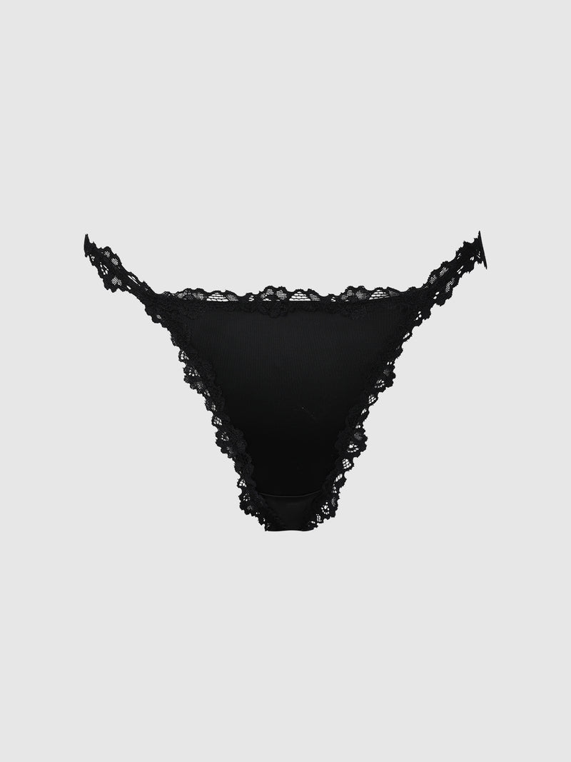 The Frederick’s of Hollywood Marlena Satin & Lace String Bikini is displayed on a plain light gray background.
