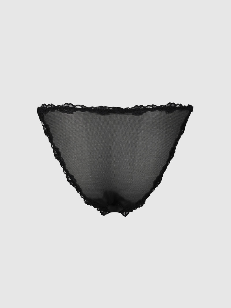 The Marlena Satin & Lace String Bikini by Frederick’s of Hollywood is displayed against a plain light gray background, featuring scalloped lace edges along the waistband and leg openings.
